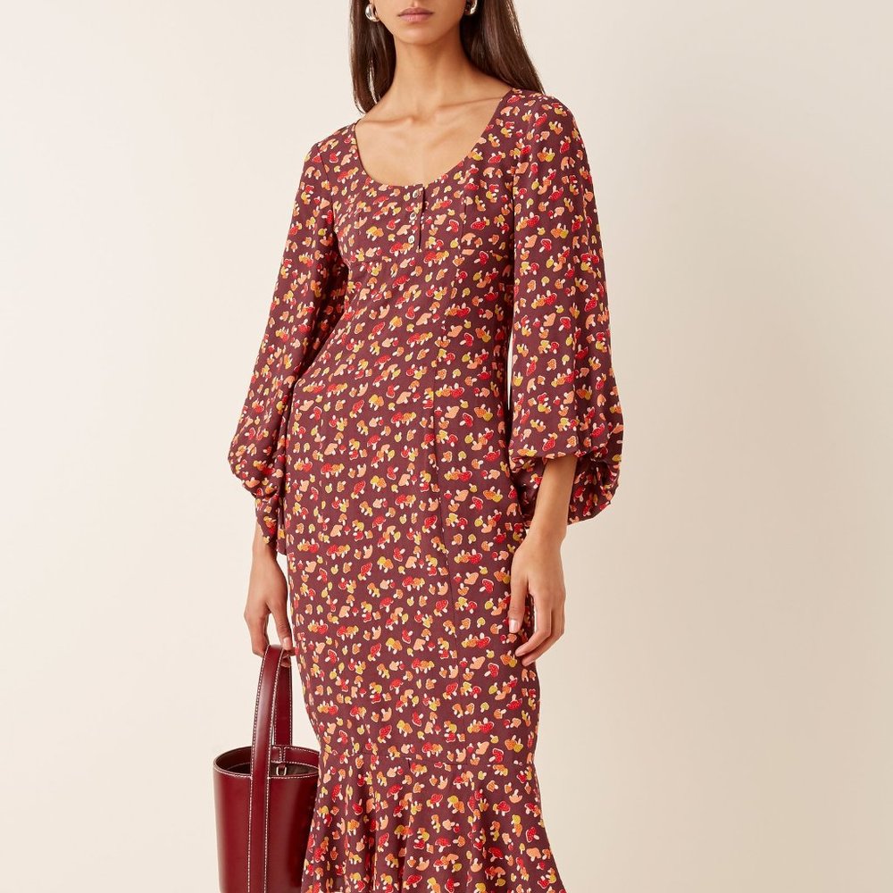 STAUD Lara Midi Dress, size 4, mushroom print